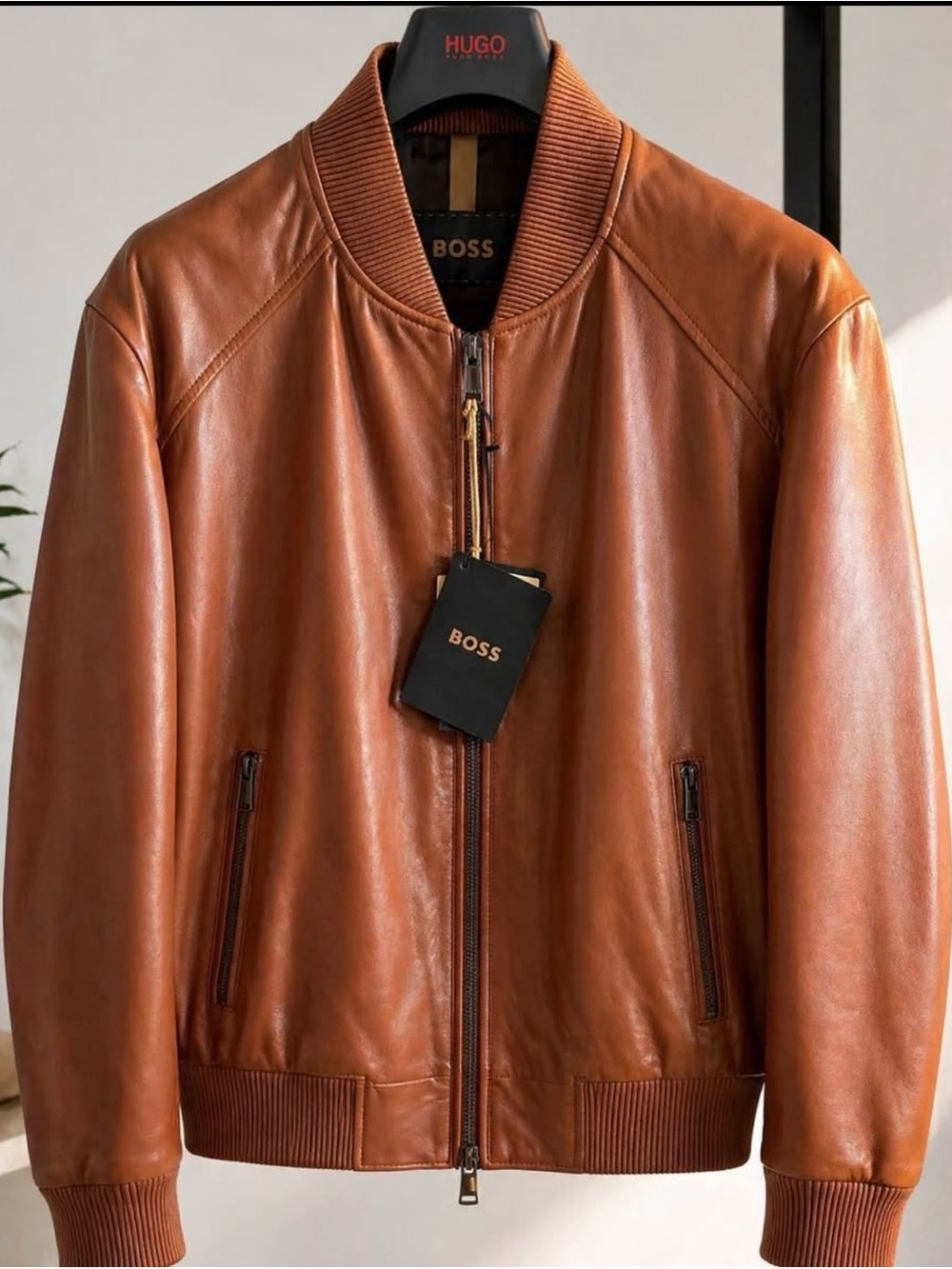 Boss Chestnut Brown Leather Bomber Jacket.   NEW with TAGS